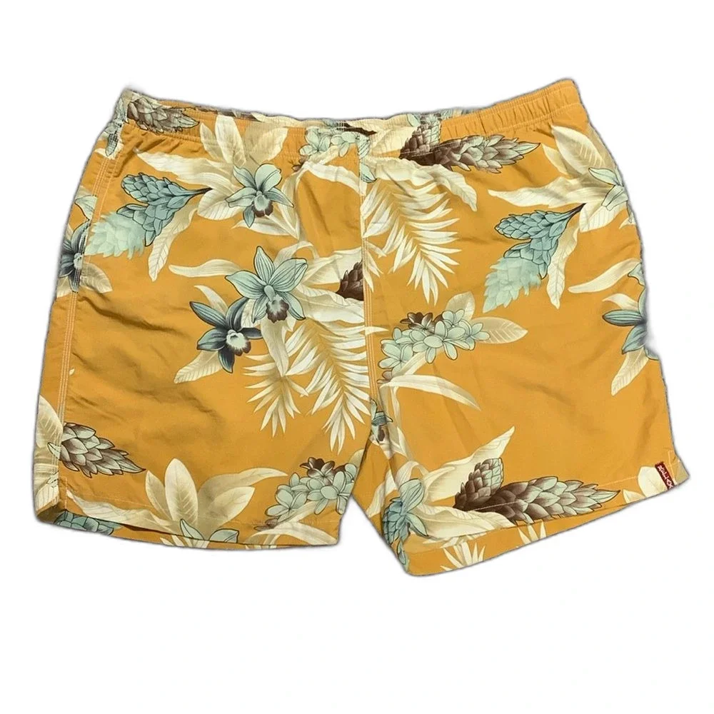 Tommy Bahama Relax Men's Gold Blue Tropical Print Drawstring Swim Trunks Sz XXL